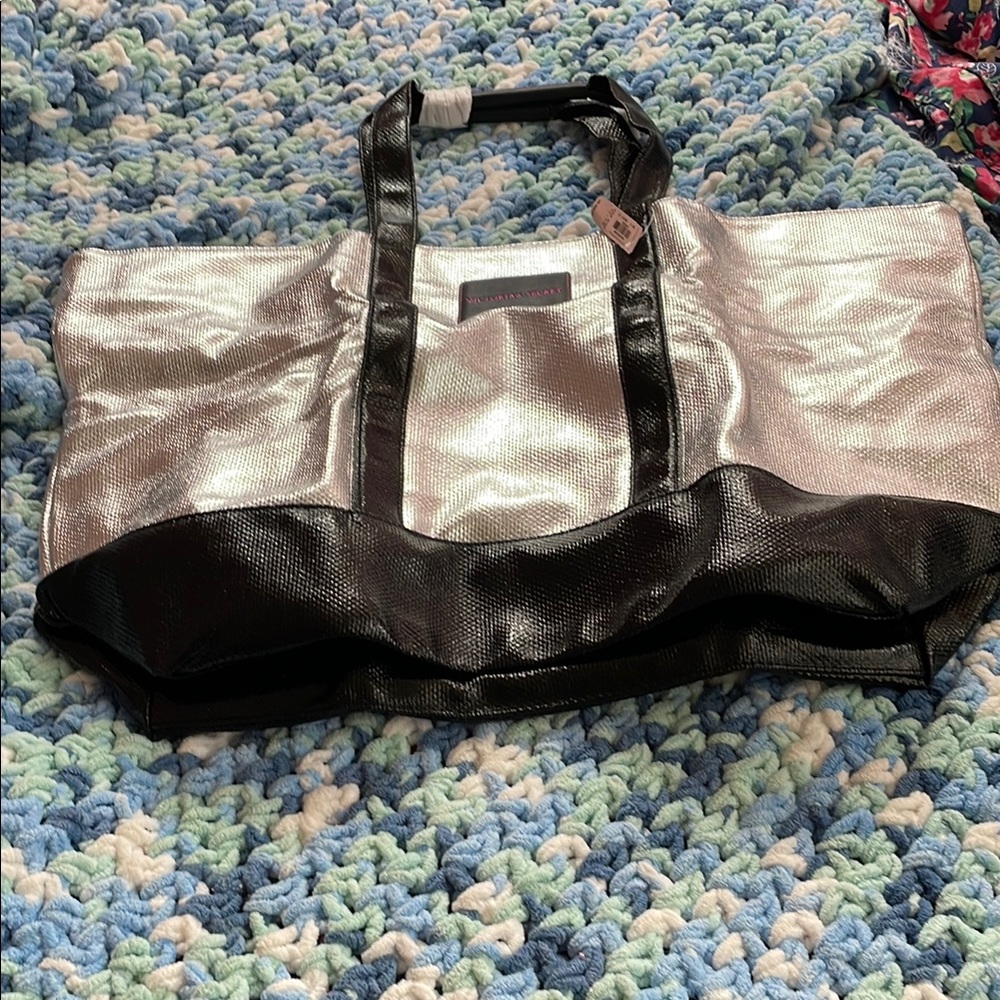 Victoria's Secret Silver and Black Tote Bag with Glossy Finish